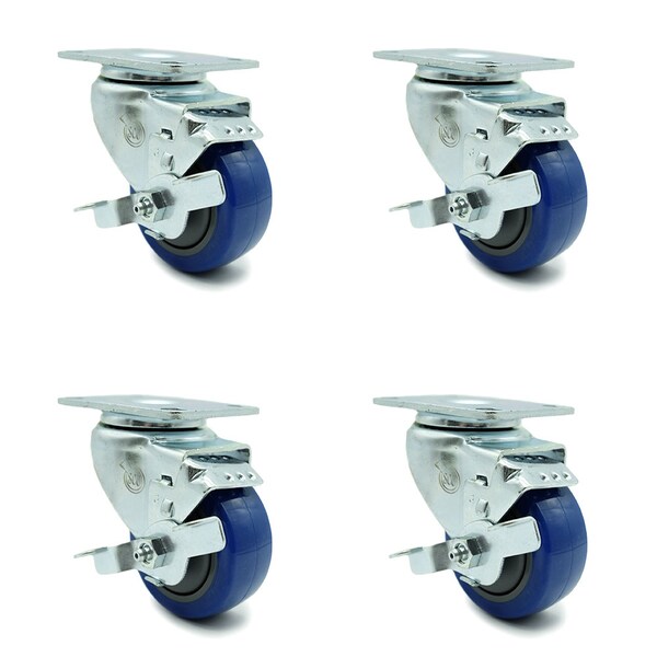 3 Inch Blue Polyurethane Wheel Swivel Top Plate Caster Set with Brake SCC